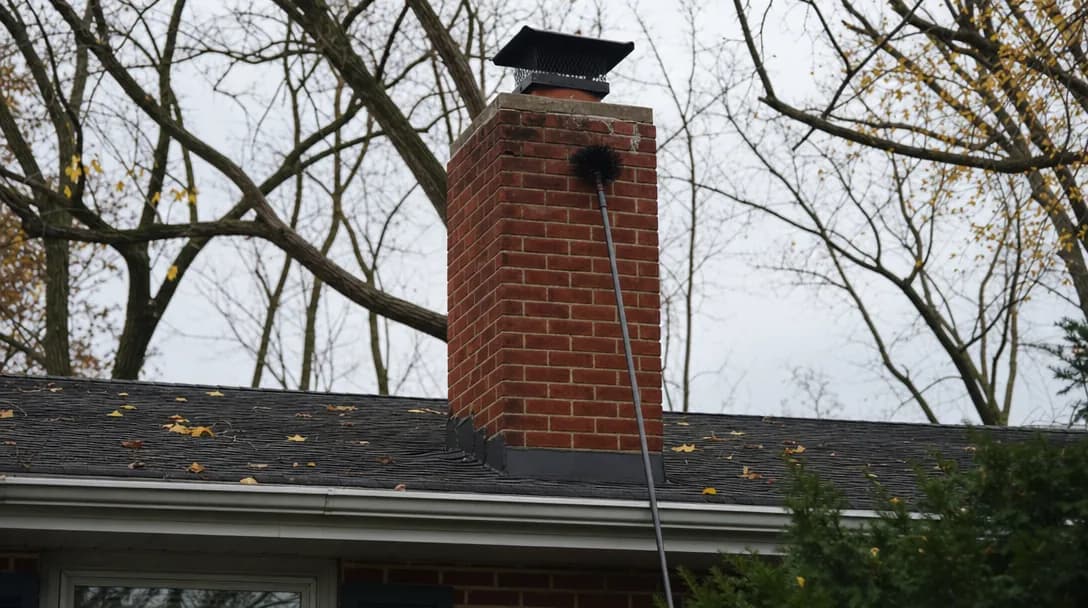 Red brick chimney with a black metal cap above the shingle roof of a brick ranch house on an overcast autumn day, a sweep brush rod leaning against it