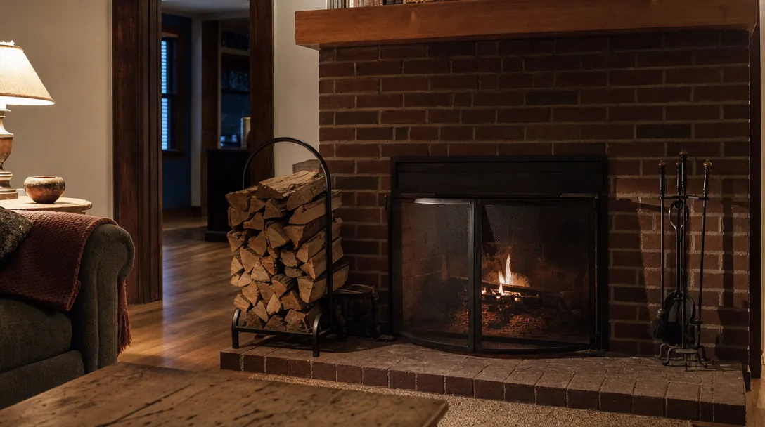 Brick wood-burning fireplace with a small fire behind a mesh screen, split firewood in a rack and cast iron fireplace tools
