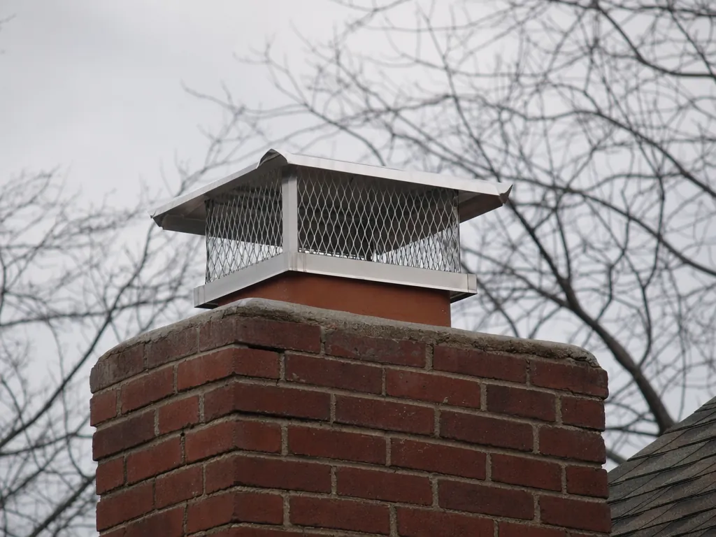 Stainless steel chimney cap with mesh sides on top of a red brick chimney