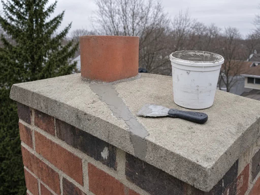 Sloped concrete chimney crown with a hairline crack being sealed around a clay flue tile