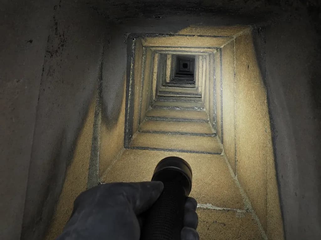 Flashlight beam shining up a soot-darkened masonry flue from inside the firebox