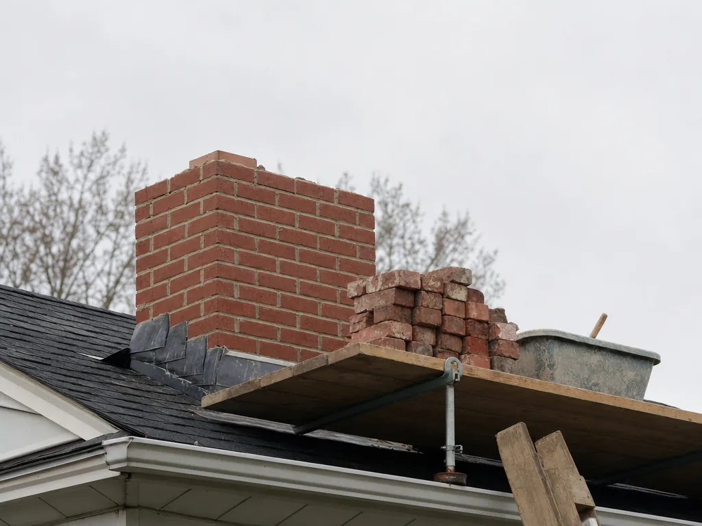 Brick chimney taken down to a level course above the roof with reclaimed bricks and a mortar tub on a roof platform
