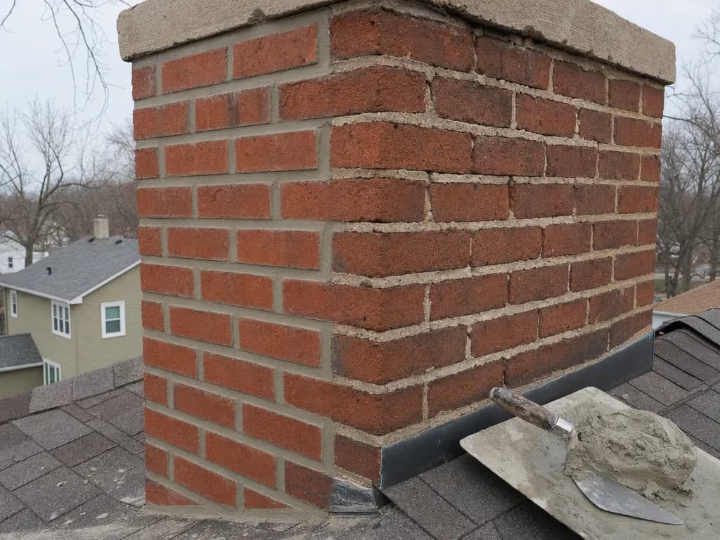 Old brick chimney with fresh tuckpointed mortar joints on one side and eroded joints on the other, a pointing trowel on the roof