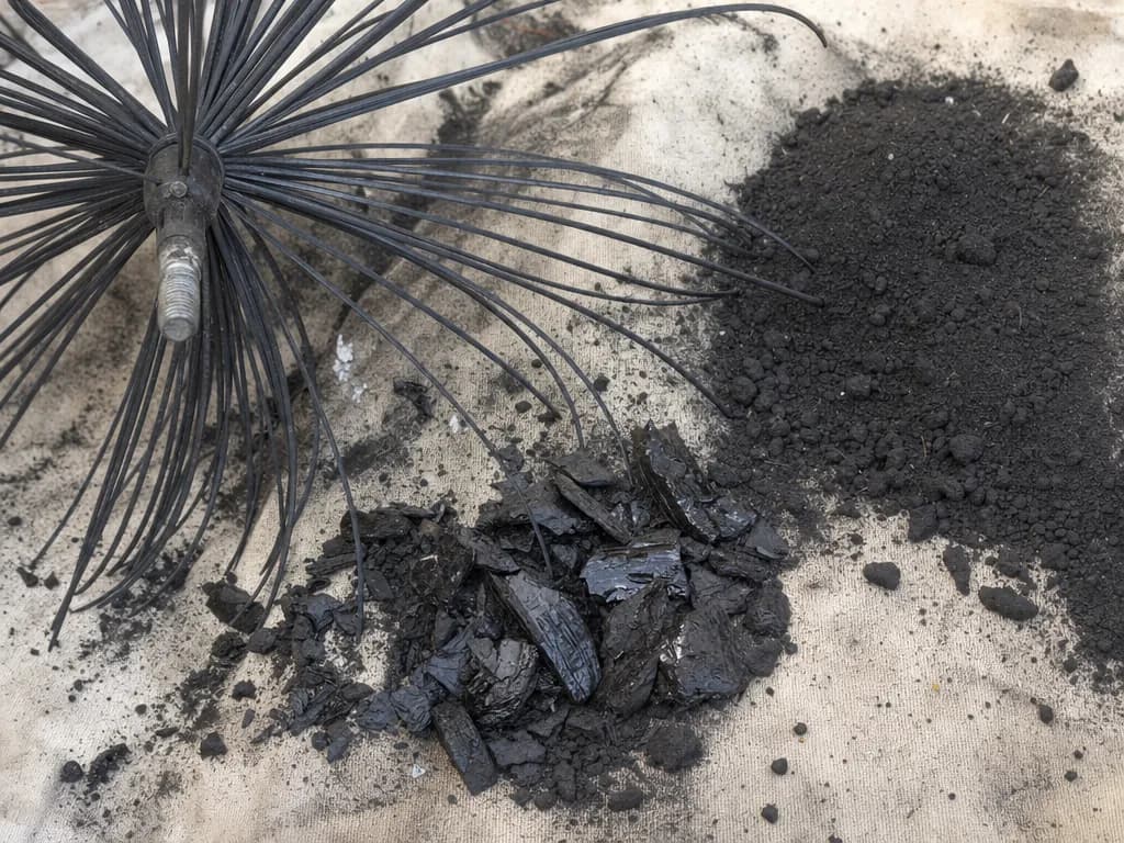 Rotary chimney brush with black whip lines beside chunks of glazed creosote and swept soot on a drop cloth