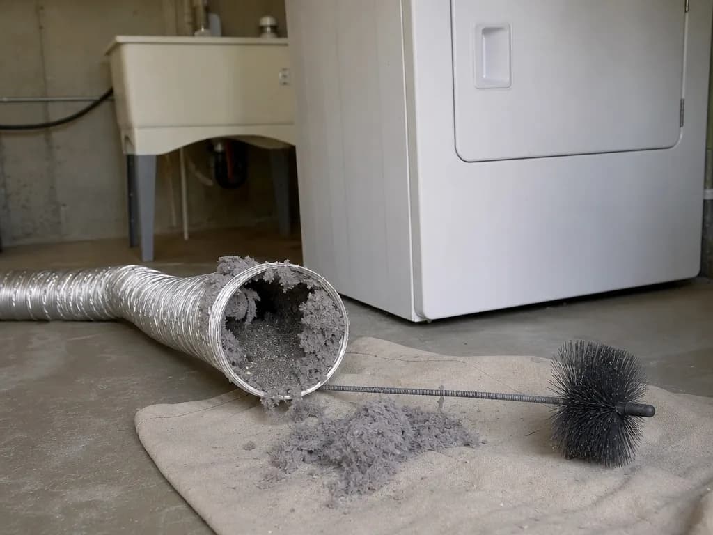 Silver flexible dryer duct pulled out and packed with gray lint beside a long round brush on a drop cloth, a white dryer and a laundry sink behind it