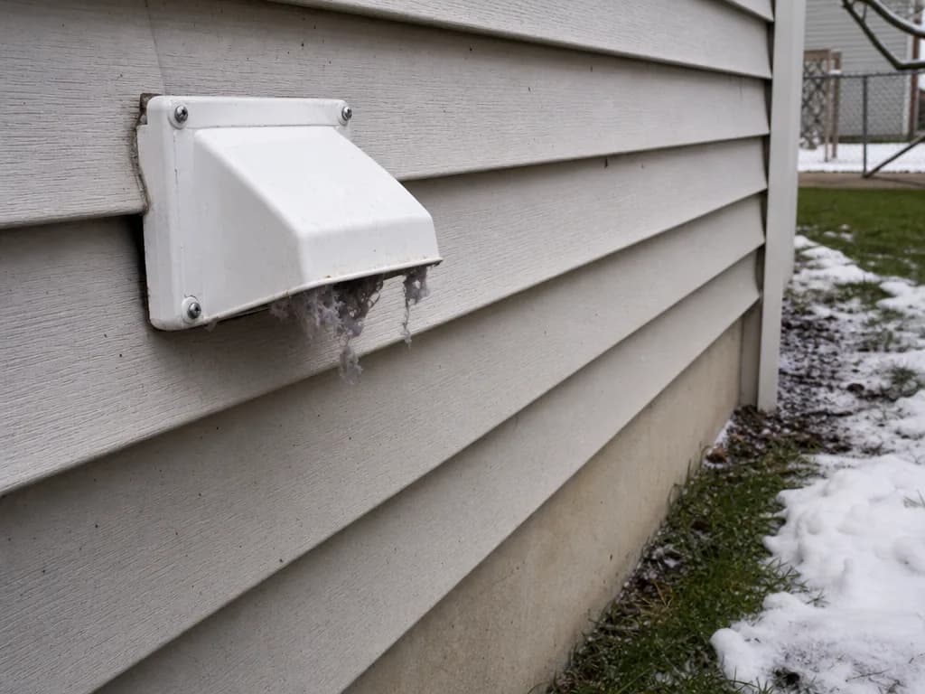 White plastic dryer vent hood on vinyl siding with gray lint caught on the flap, snow on the grass below