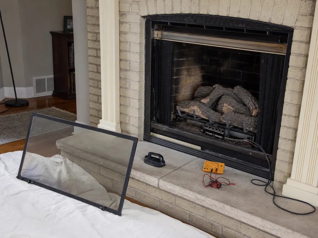 Gas fireplace with the glass front removed, ceramic logs and burner visible, a brush and meter on the hearth