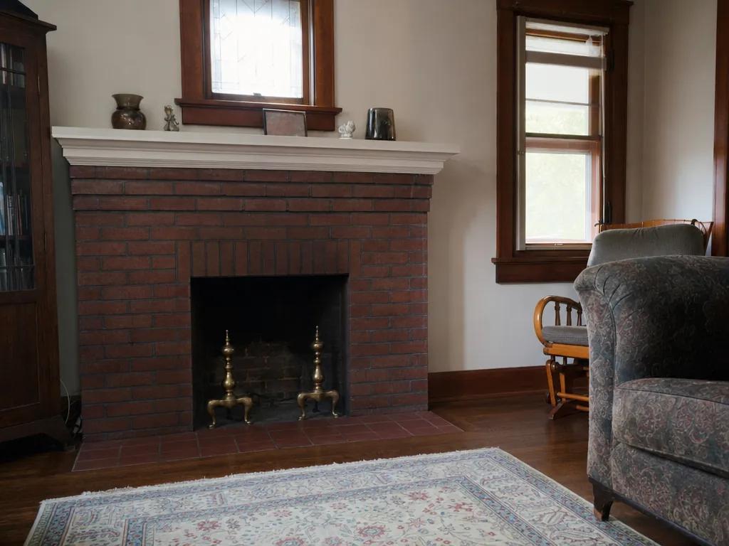Red brick open wood-burning fireplace with a painted wood mantel and brass andirons in an older bungalow